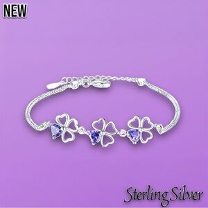New .925 Sterling Silver Purple crystal Lucky Clover Bracelet